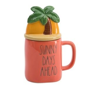 Rae Dunn “Sunny Days Ahead” Coral Mug with Palm Tree Sunset Topper
